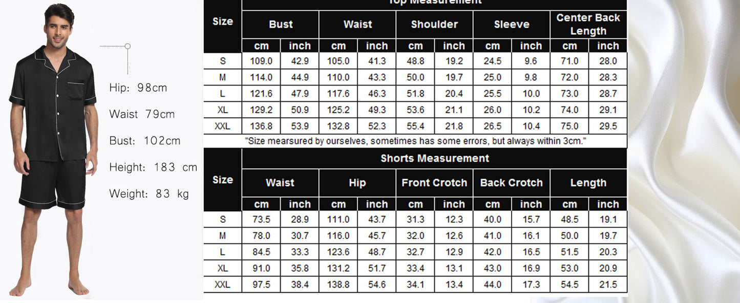 Ekouaer Mens Satin Pajamas Set Button-Down Short Sleeve Shirt Top Soft Silk Sleepwear Shorts with Pockets