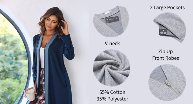 Ekouaer Women Zipper Robe Long Sleeve Loungewear Lightweight Housecoat Full Length Nightgown with Pockets