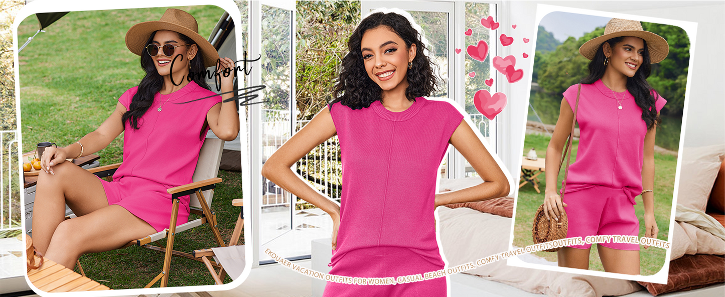 Ekouaer Women's Pajamas Cap Sleeve Knit Lounge Set 2 Piece Soft Pjs Loungewear Sweater Sets