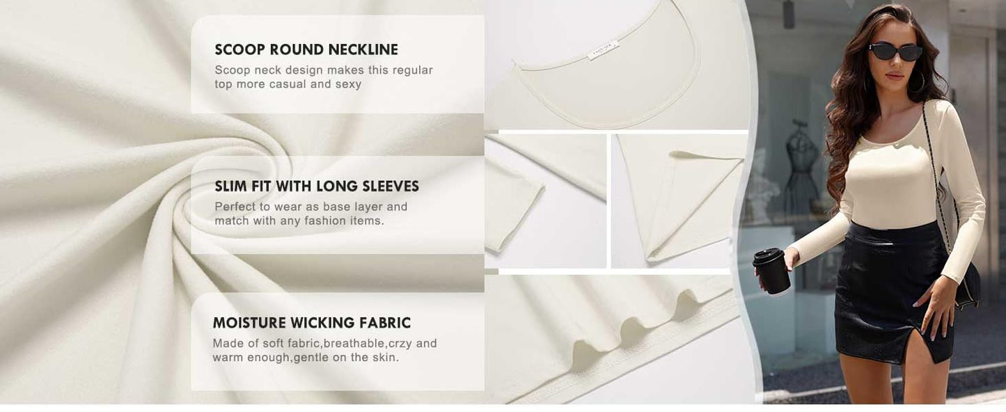 Ekouaer Women Long Sleeve Shirt Scoop Neck Tops Slim Fit Basic Top Thermal Undershirts Base Layer Tee