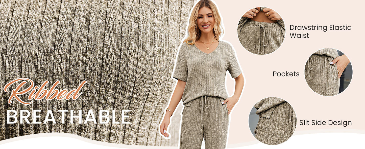 Ekouaer Pyjama Damen Herbst Schlafanzug Kurzarm Lang Hose Rippen Nachtw?sche