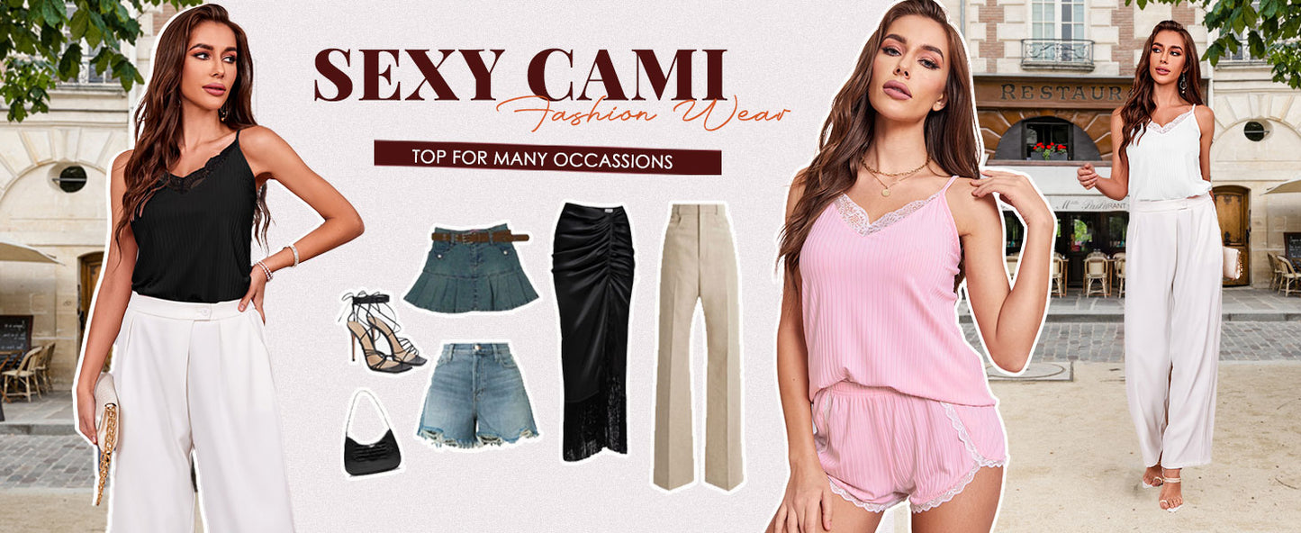 Ekouaer Womens Pajama Sets Soft Lingerie Sleepwear 2 Piece Cami Shorts Set V Neck Pj Lace Nightwear