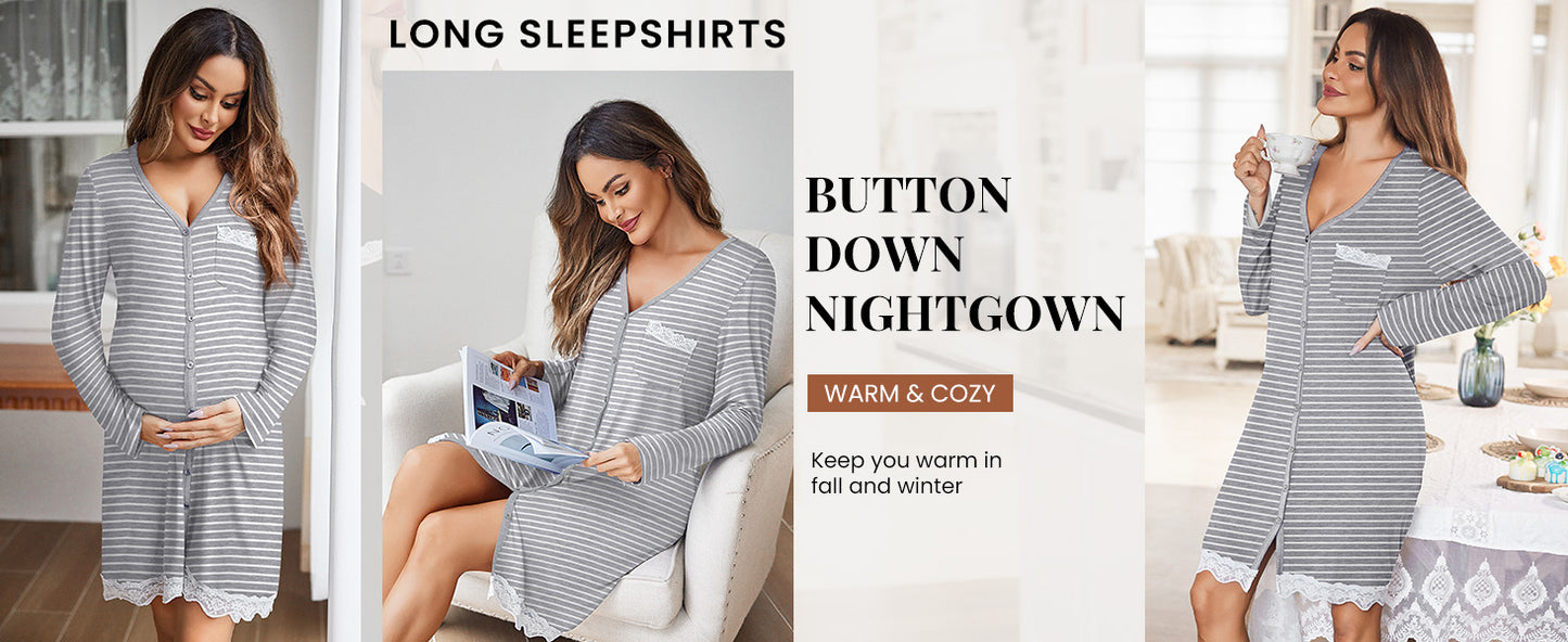 Ekouaer Women Striped Nightgowns Long Sleeve Button Down Sleepshirts Comfy Sleep Shirt