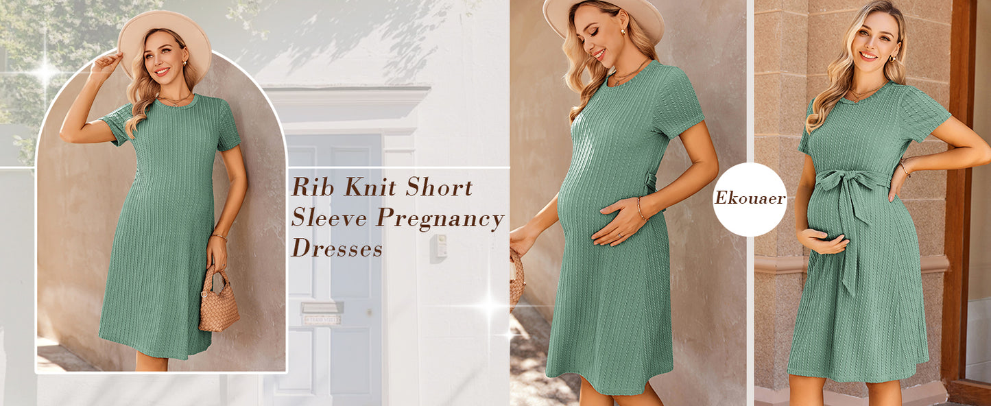 Ekouaer Women's Maternity Dress Short Sleeve Casual Pregnancy Dresses Rib Knit Crewneck Pregnant Clothes with Belt