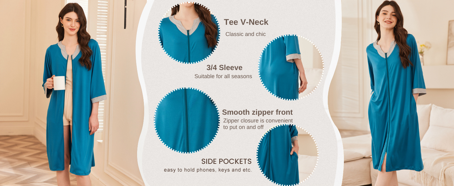 Ekouaer Women Zipper Robe 3/4 Sleeve Nightgowns Lightweight Short Bathrobe with Pockets