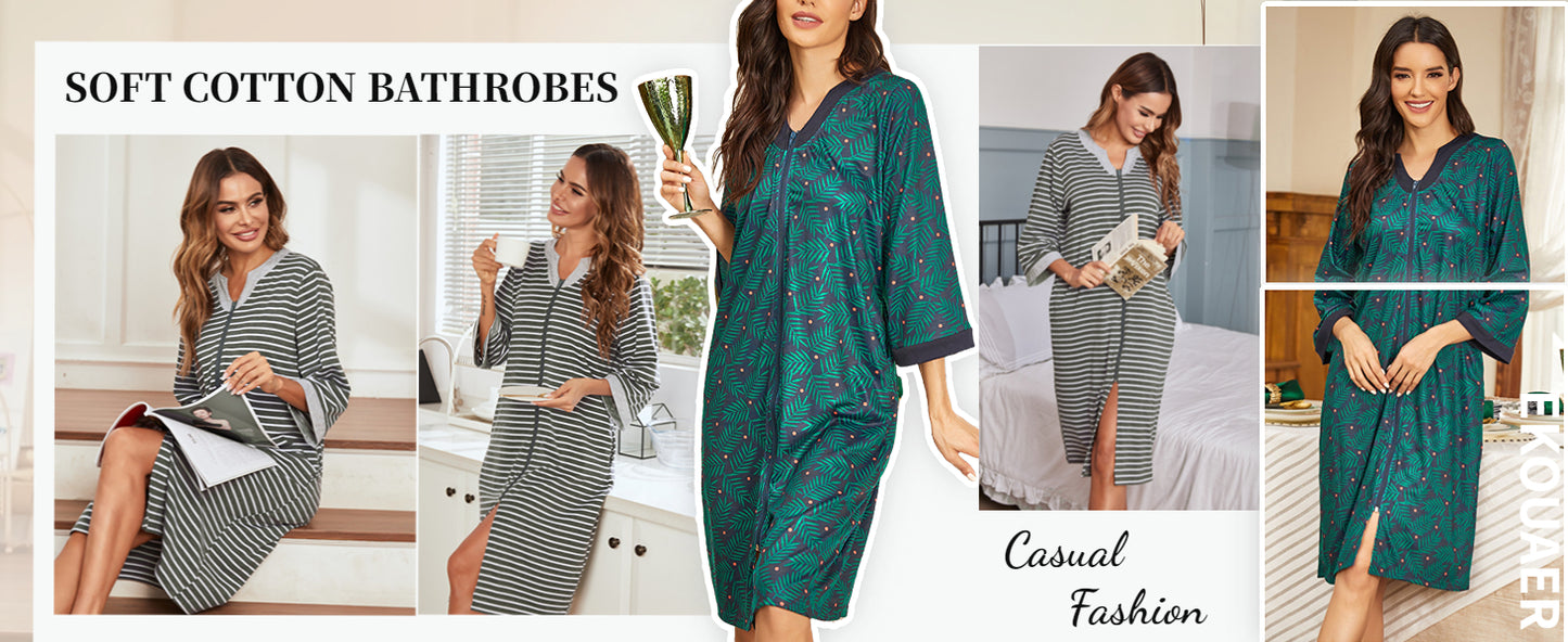 Ekouaer Women Zipper Robe 3/4 Sleeve Nightgowns Lightweight Short Bathrobe with Pockets