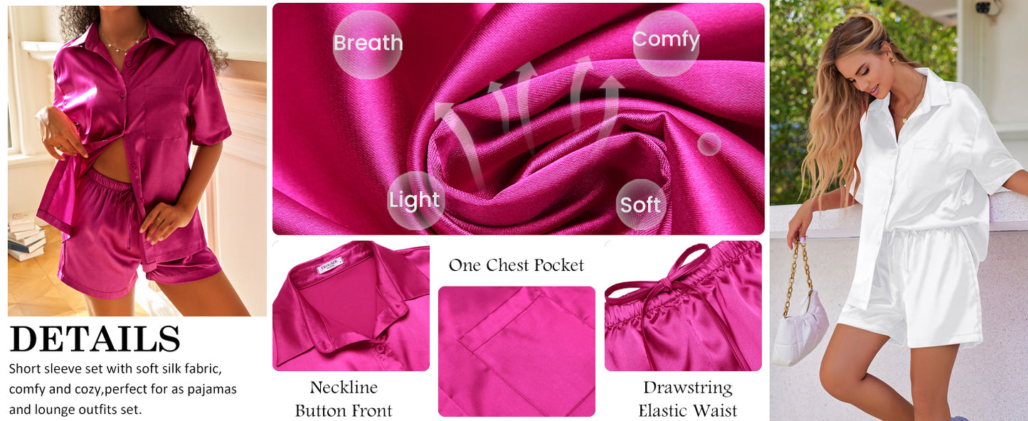Ekouaer Pajamas for Women Silk Satin Pjs Soft Sleepwear Short Sleeve Button Down Pjs Top and Shorts 2 Piece Lounge Set