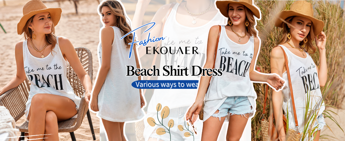 Ekouaer Women's Sleeveless Swimwear Coverups T-Shirt Beach Dress Tank Bikini Cover Up with Print