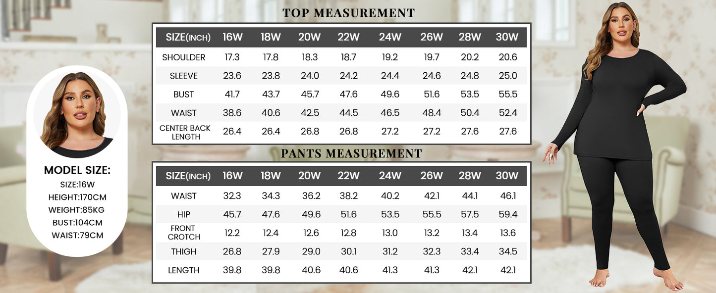 Ekouaer Women Plus Size Thermal Underwear Set Soft Long Johns Sets Light Fleece Lined Base Layer Top & Bottom Pajama Set