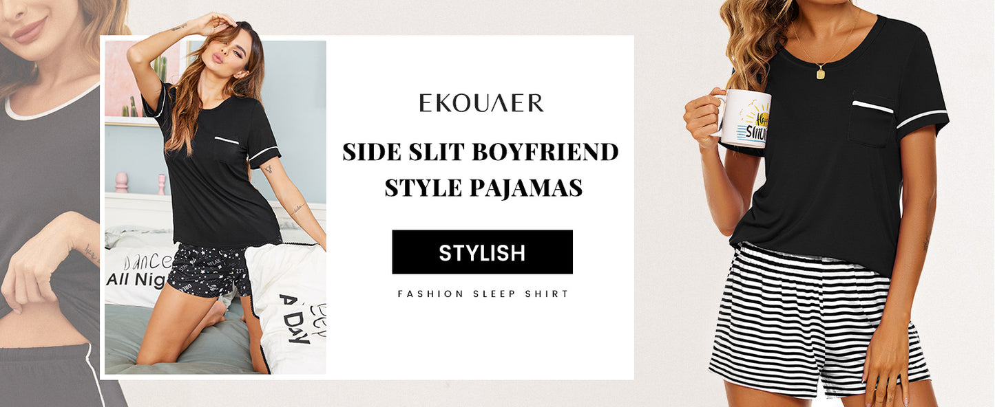 Ekouaer Womens Pajamas Sets Shorts 2 Piece Short Sleeve Lounge Sets Round Neck Sleepwear Soft Pjs with Pockets