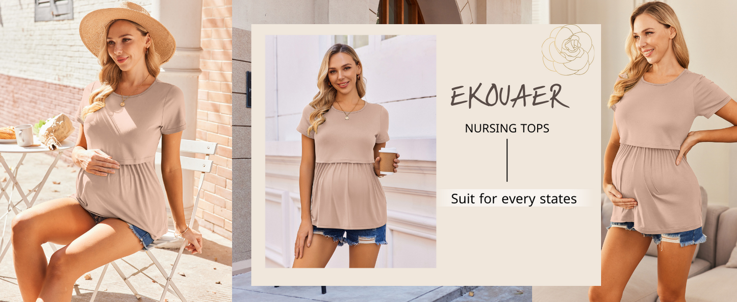 Ekouaer Womens Nursing Tops 3 Packs Short Sleeve Breastfeeding Shirts Double Layer Postpartum Shirt Nursing Shirts