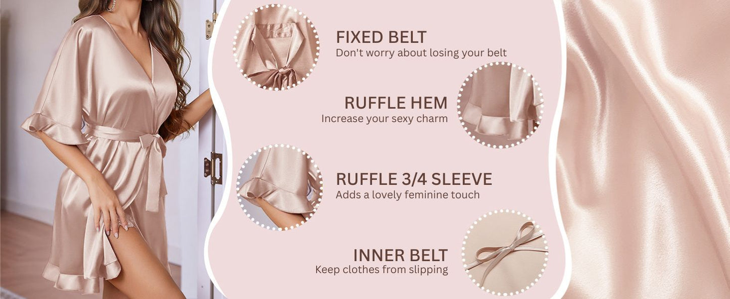 Ekouaer Womens Silk Ruffle Robe Short Satin Robe Half Sleeve Bathrobe Bridesmaid Wedding Party Dressing Gown