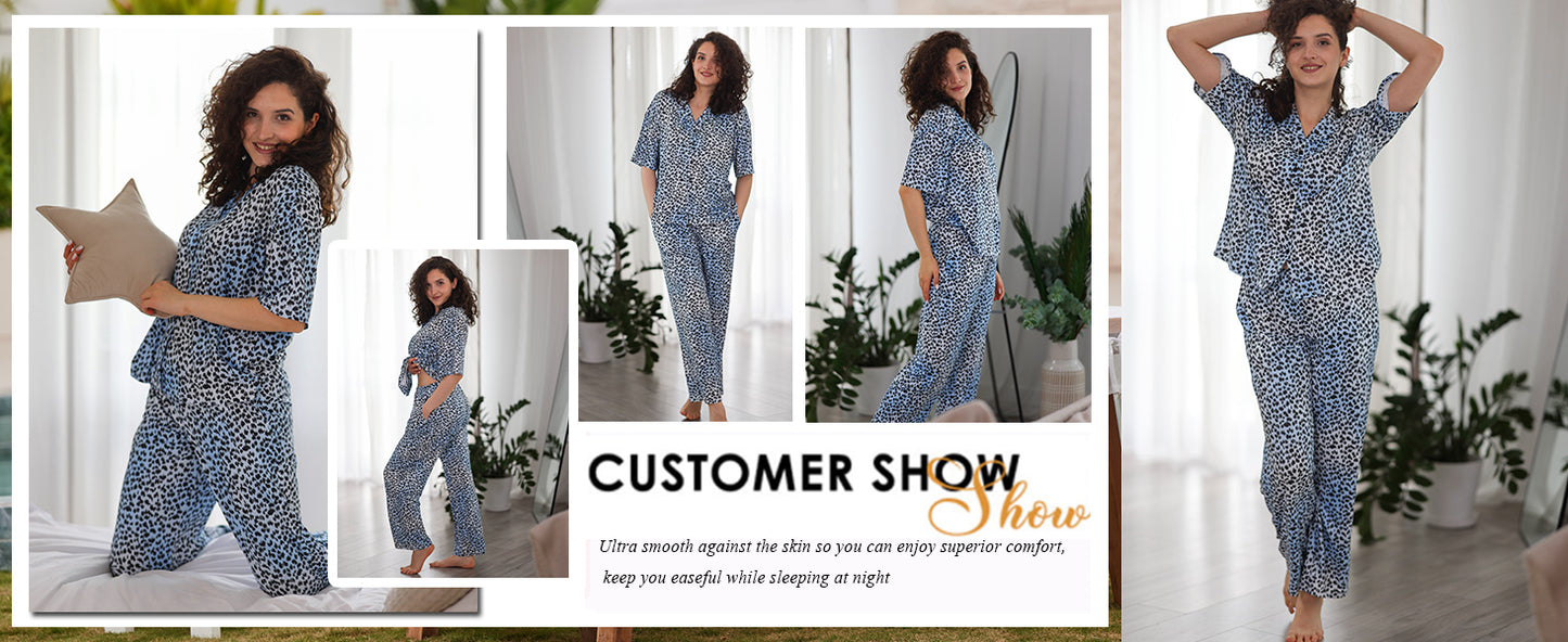 Ekouaer Women Pajamas Set Button Down Sleepwear Short Sleeve Pjs Soft Comfy Nightwear with Long Pants