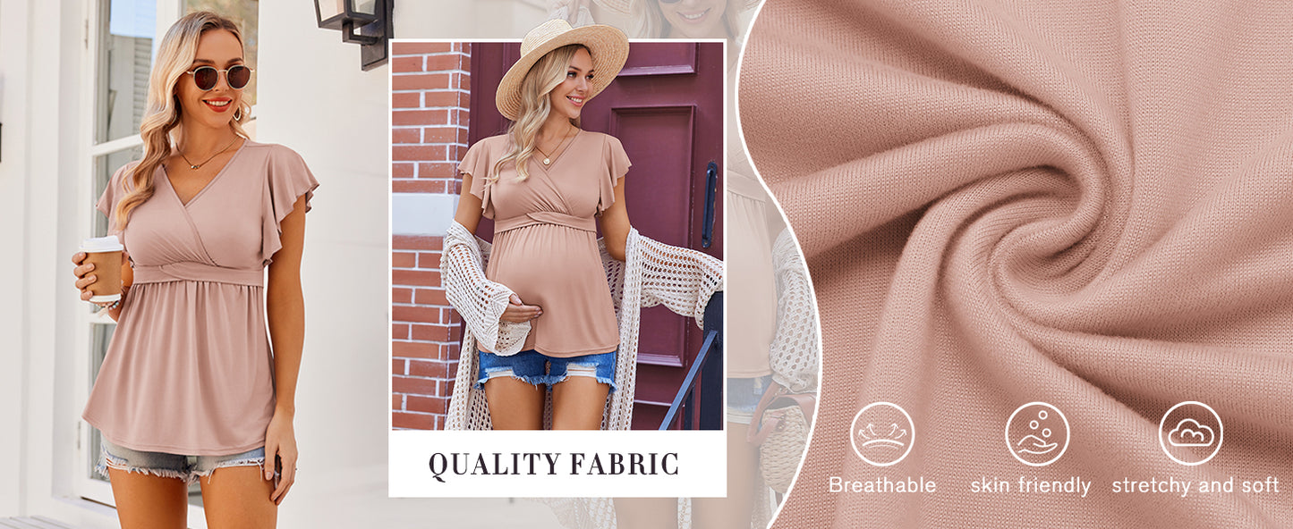 Ekouaer Maternity Shirts 3 Packs Flying Short Sleeve Nursing Tops Pregnancy Clothes Caramel+grey+wine Red L