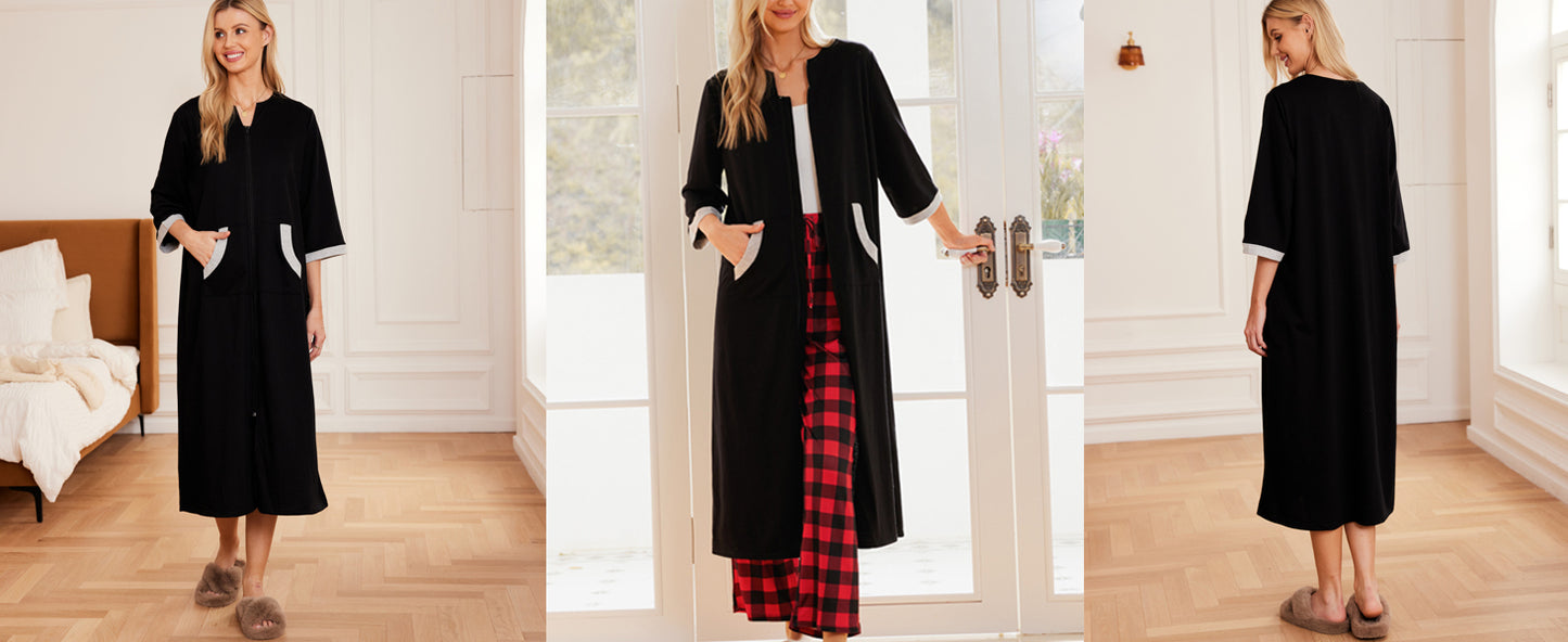 Ekouaer Women Zipper Robe 3/4 Sleeves Loungewear Dress Full Length Sleepwear Pockets Housecoat Nightgown Long Bathrobe