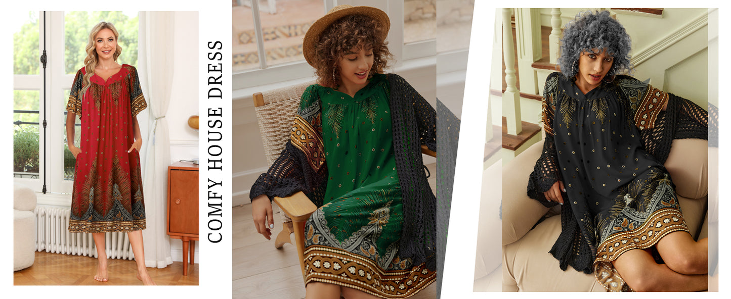 Ekouaer Womens Nightgown Short Sleeve House Dress with Pockets-Floral Print Mumu Dress