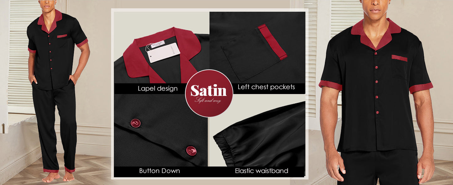 Ekouaer Men Satin Silk Pajamas Set 2 Piece Button Down Sleepwear Long Pants Loungewear with Pockets Black L