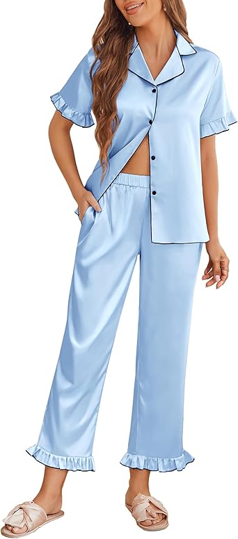 Ekouaer Silk Pajamas for Women Satin Short Sleeve Pajamas Set with Ruffle 2 Pieces Button Down Tops and Pants