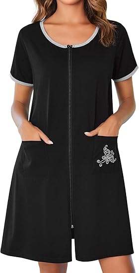 Ekouaer Zip Up Robes for Women Short Sleeves Zipper House Coat Short Bathrobes Lightweight Nightgown with Pockets Black S
