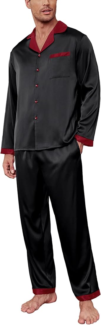 Ekouaer Men's Silk Pajama Set Long Satin Loungewear 2 Piece Pjs Classic Button Down Sleepwear Black Red L