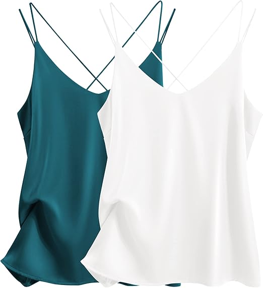Ekouaer Womens Silk Satin Camisole Tank Tops V Neck Spaghetti Strap Blouses Cross Back Sleeveless Cami Shirt