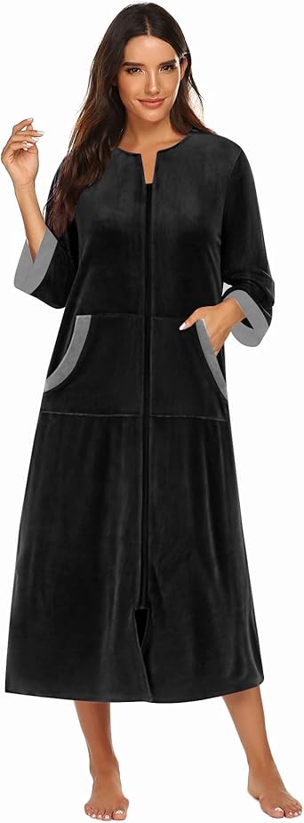 Ekouaer Robe for Women Velour Zipper Robe 3/4 Sleeves Housecoat Full Length Loungewear Long Bathrobe with Pockets
