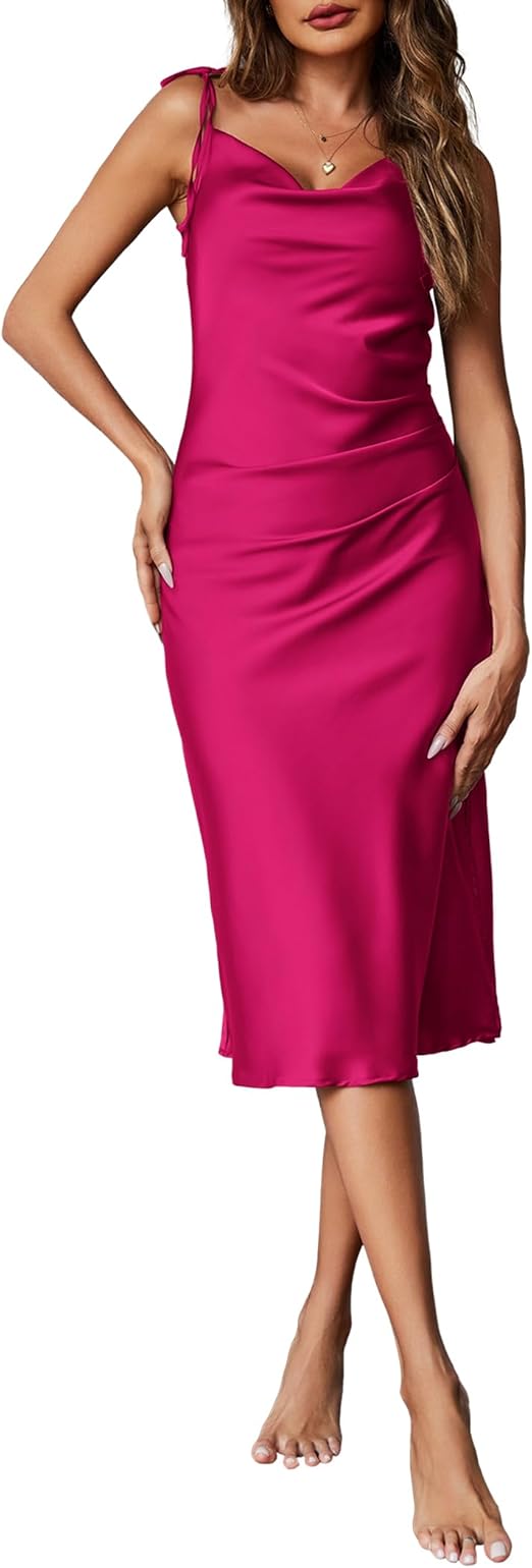Ekouaer Women's Nightgown Satin Slip Dress Lingerie Sleepwear Long Slip Silk Midi Dress Spaghetti Strap