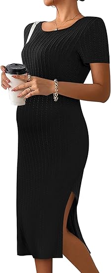 Ekouaer Maternity Dress Rib Knit Short Sleeve Bodycon Dresses Casual Stretchy Pregnancy Clothes