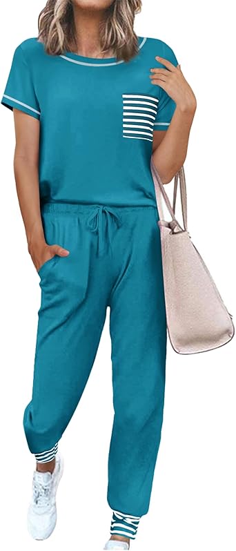 Ekouaer Pajama Sets for Women Short Sleeve Pjs Sets 2 Piece Loungewear Sleepwear with Long Joggers Pants