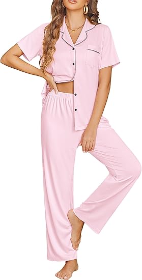Ekouaer Womens Pajama Sets Button Down Pjs 2 Piece Short Sleeve Sleepwear with Pants Soft Loungewear