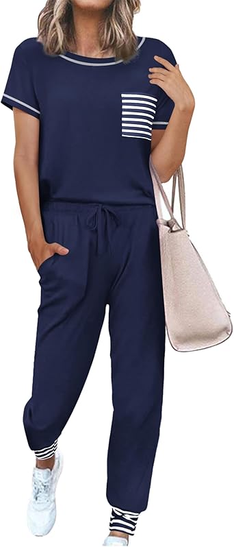 Ekouaer Pajama Sets for Women Short Sleeve Pjs Sets 2 Piece Loungewear Sleepwear with Long Joggers Pants