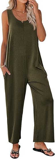 Ekouaer Sleeveless Jumpsuits for Women Casual Summer Scoop Neck Tank Rompers Wide Leg Pants Overall Jumpers with Pockets