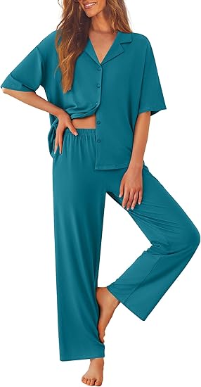 Ekouaer Women Pajamas Set Button Down Sleepwear Short Sleeve Pjs Soft Comfy Nightwear with Long Pants