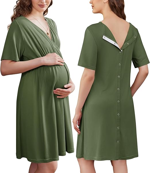 Ekouaer Labor and Delivery Gown for Hospital Short Sleeve Maternity Nursing Dress Nightgown with Button