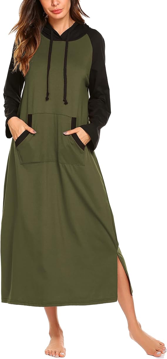 Ekouaer Nightgowns for Women Cotton Nightgown Long Sleeve Hooded Night Gown Contrast Color Full Length Loungewear with Pocket