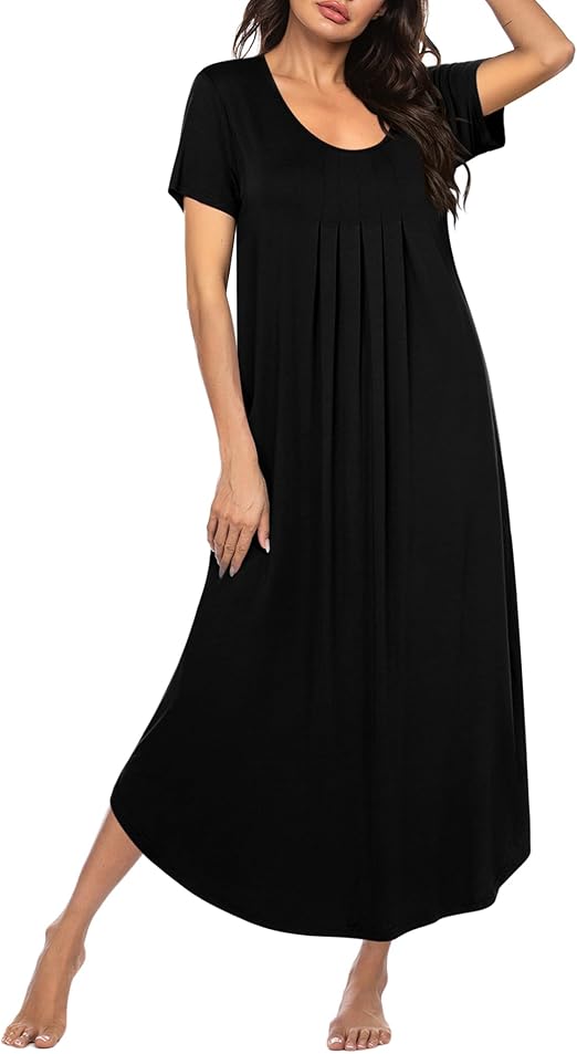 Ekouaer Long Nightgowns for Women House Dress Plus Size Sleepwear Pleated Full Length Loungwear