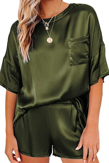 Ekouaer Satin Pajamas for Women Short Sleeve Silk Pajama Sets Soft Sleepwear Top with Causal Pj Shorts