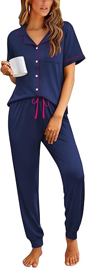 Ekouaer Women Pajama Set Short Sleeve Button Down Pjs Soft Comfy Sleepwear Nightwear with Jogger Pants