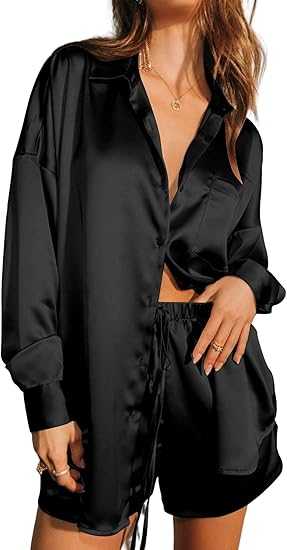 Ekouaer Womens 2 Piece Satin Pajama Set Long Sleeve PJs Sets Button Down Lounge Sets Soft Sleepwear Set