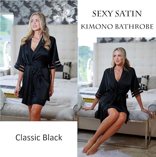 Ekouaer Women's Satin Robe Silk Bathrobe Bridesmaid Wedding Bridal Party Robes 3/4 Bell Sleeve Sleepwear