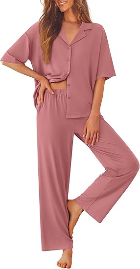 Ekouaer Women Pajamas Set Button Down Sleepwear Short Sleeve Pjs Soft Comfy Nightwear with Long Pants