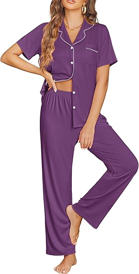 Ekouaer Womens Pajama Sets Button Down Pjs 2 Piece Short Sleeve Sleepwear with Pants Soft Loungewear