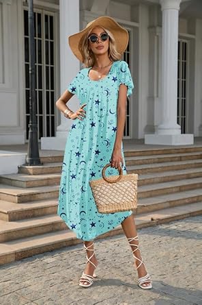 Ekouaer Long Nightgowns for Women with Pockets Short Sleeves Moo Moos for Women Casual Maxi Dress House Dresses Star Print XXXL