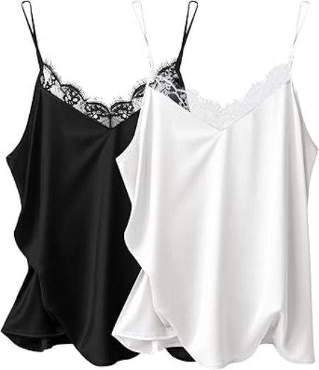 Ekouaer Women's Satin Camisole Lace Silk Satin Pajama Tank Tops V Neck Soft Spaghetti Strap Loose Sleepwear