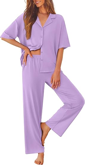 Ekouaer Women Pajamas Set Button Down Sleepwear Short Sleeve Pjs Soft Comfy Nightwear with Long Pants