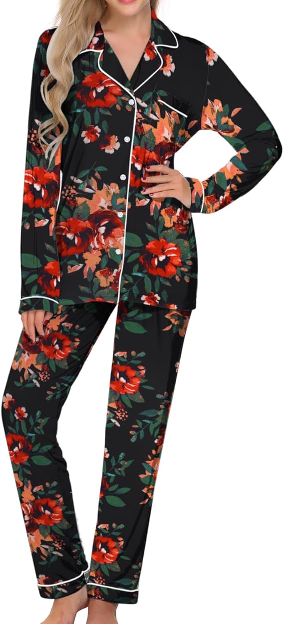 Ekouaer Pajamas Women's Long Sleeve Sleepwear Soft Button Down Loungewear Pjs Lounge Set Nightwear