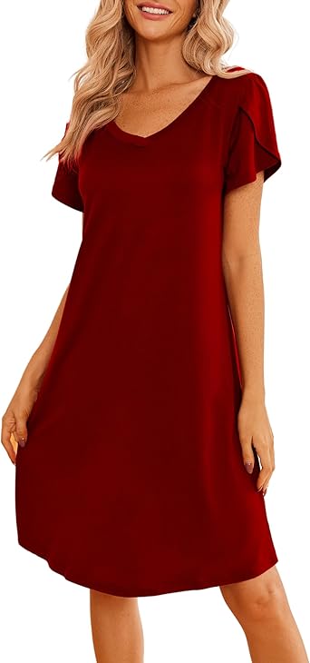 Ekouaer Womens Nightgown Short Sleeves Sleepwear V Neck Nightgowns for Women Petal Sleeves Houses Dress Sleepshirt