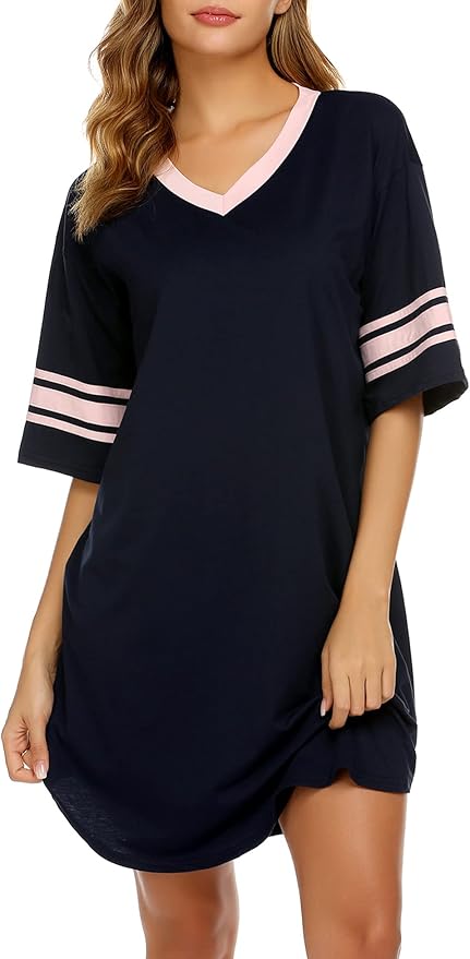Ekouaer Womens Nightgown Cotton Sleepwear Short Sleeve Sleep Shirt V Neck Color Block Nightshirt