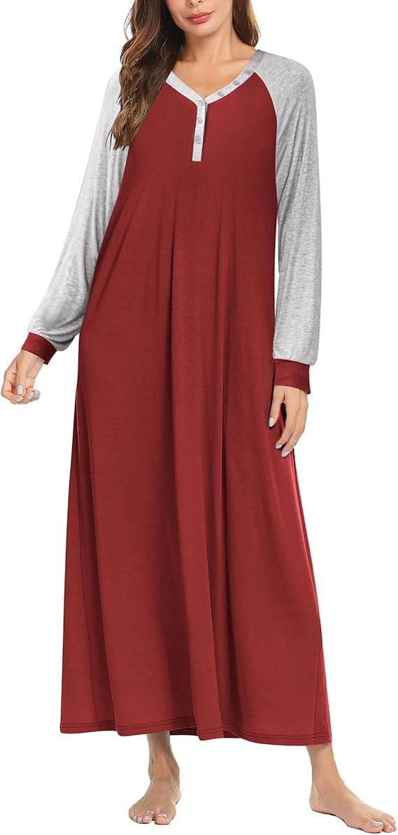 Ekouaer Nightgown Long Sleeve for Women Sleepwear V Neck Loungewear Button Full Length Nightshirt