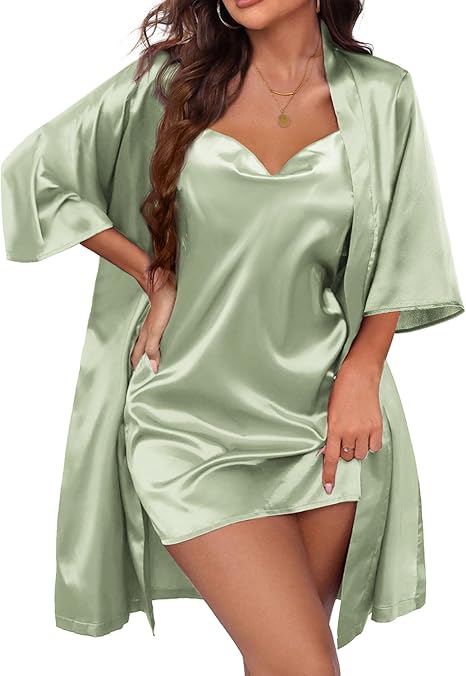 Ekouaer Women's Satin Robe Set Nightgown with Robes Silk Pajama Set 2 Pieces Lingerie Cowl Neck Cami Sleepwear Sets